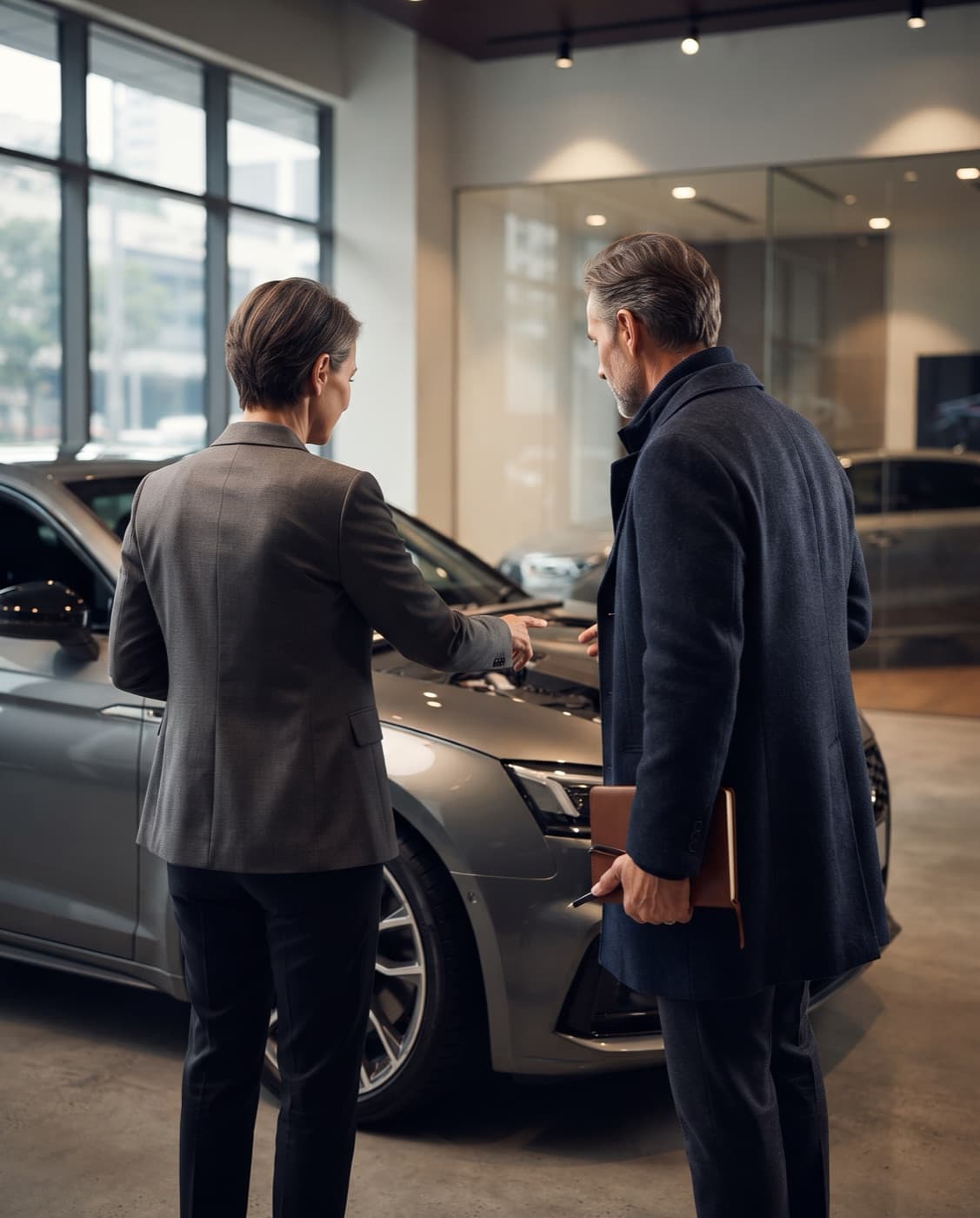 Two professionals discussing a vehicle inside a dealership showroom